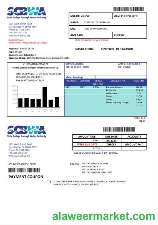 USA Pennsylvania SCBWA water utility bill template in Word and PDF format